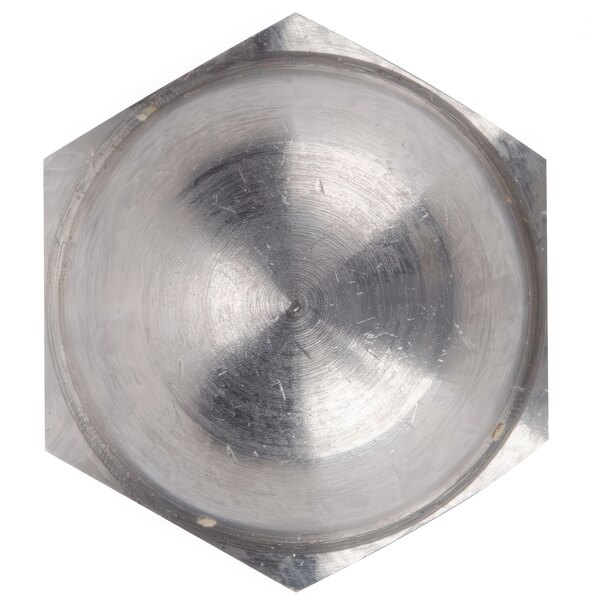 A silver hexagon-shaped metal cap nut for a blender.
