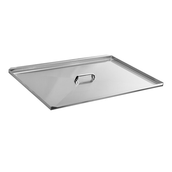 A stainless steel rectangular lid with a handle.