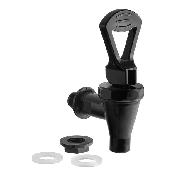 A black replacement faucet with a plastic handle.