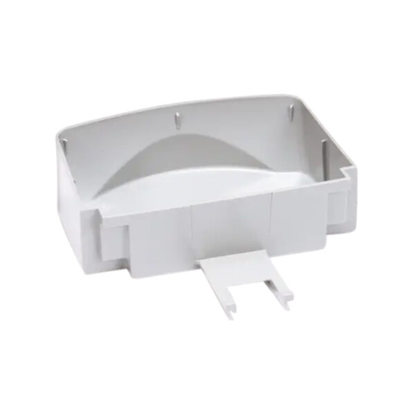 A white plastic drip tray with a round hole and a clip.