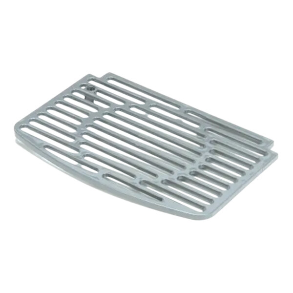 A light grey metal grate with holes and a handle.