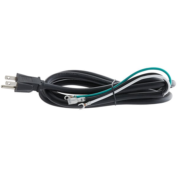 A black electrical cord with white and green wires.