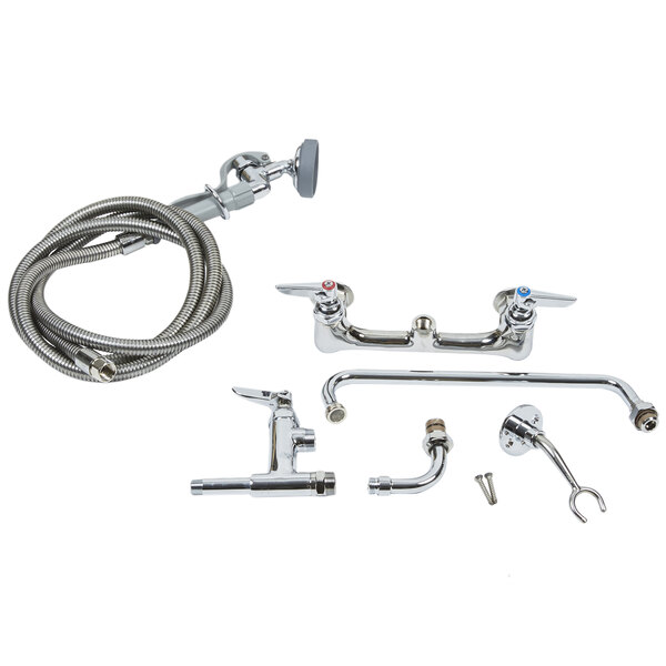 A T&S chrome pre-rinse faucet with hoses and an add-on faucet.