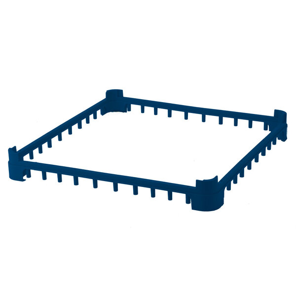 A blue plastic Vollrath extender with holes for glass racks.