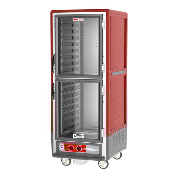 A red and silver Metro C5 hot holding cabinet with clear Dutch doors.