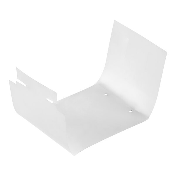 A white, L-shaped plastic or metal shield with two holes and two notches, likely used as a protective cover for electronic components.