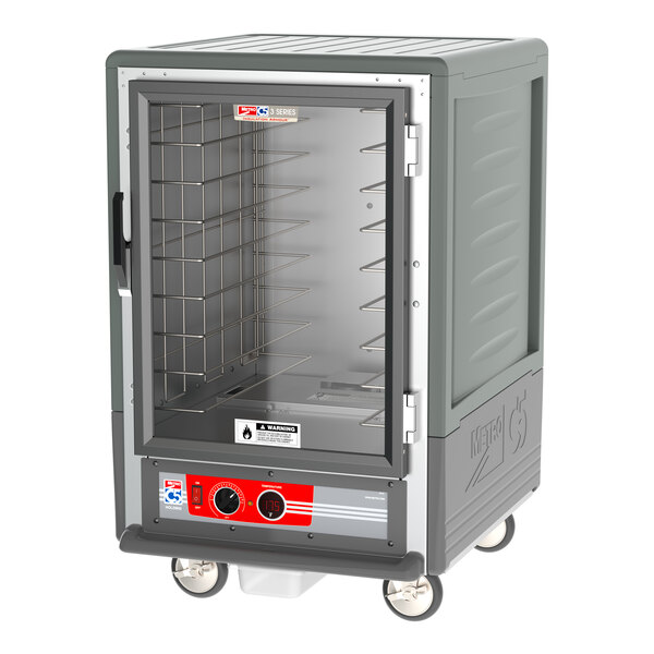 A large grey Metro C5 heated holding cabinet with clear door.
