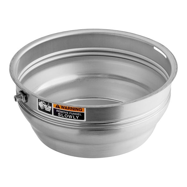 A silver stainless steel Bunn funnel with orange decals on a counter.