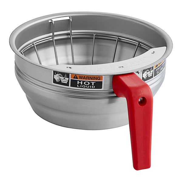 A stainless steel Bunn funnel assembly with a red handle.