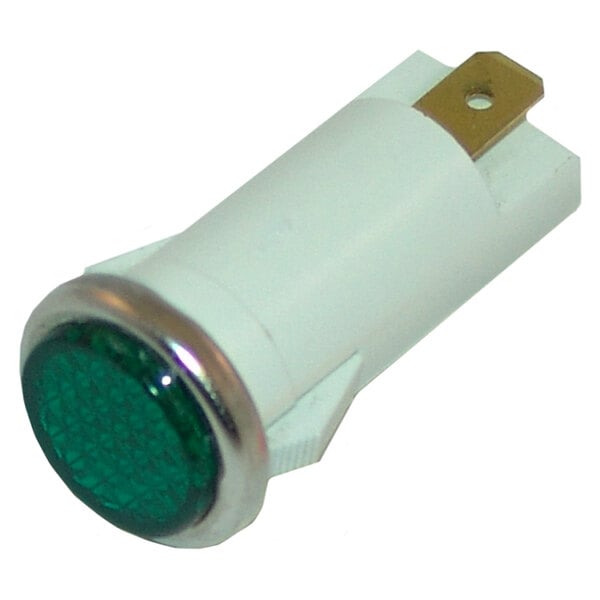 A close-up of a green light on a white object.