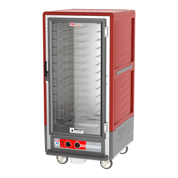 A red and silver Metro C5 heated holding cabinet with clear door.