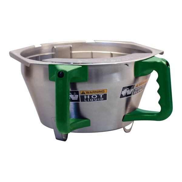 A stainless steel Bunn funnel assembly with green handles.