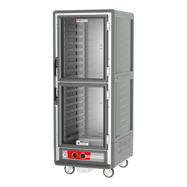 A grey Metro C5 hot holding cabinet with clear Dutch doors.
