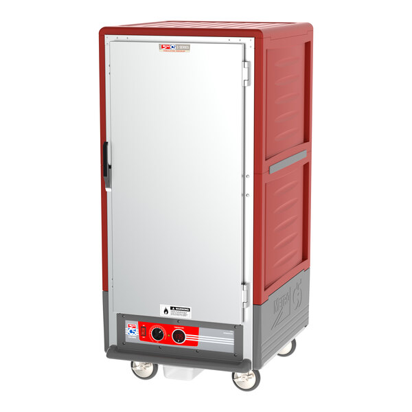 A red Metro C5 heated holding cabinet with a solid door.