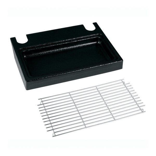 A black rectangular drip tray with a metal grate.