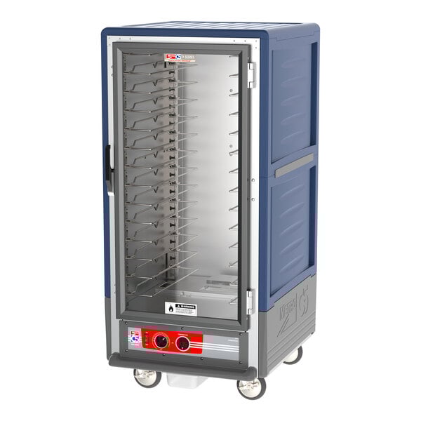 A blue and silver Metro C5 heated holding cabinet with shelves.