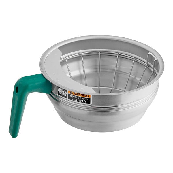 A stainless steel funnel with a green handle.