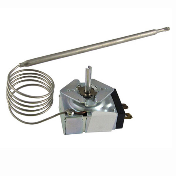 A Waring replacement thermostat for a crepe maker with a metal rod and a coil.