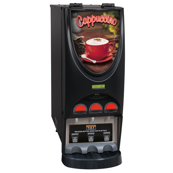 A black Bunn iMIX-3 powdered cappuccino dispenser with a red cup and spoon.