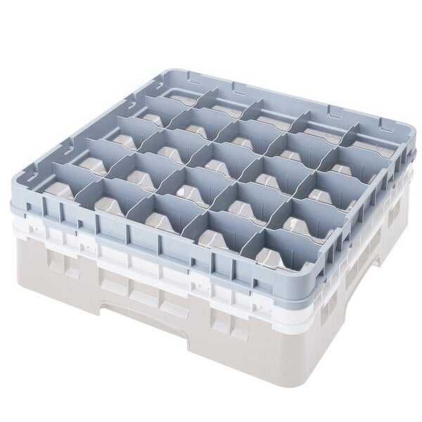 A soft gray plastic Cambro rack with 25 compartments inside.