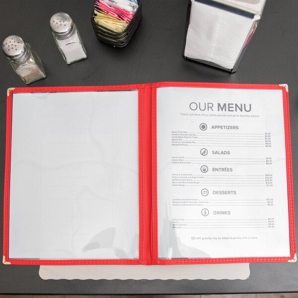Plastic menu cover with red lining