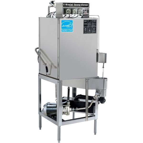 A CMA Dishmachines stainless steel industrial dishwasher with a blue label and an extended door.