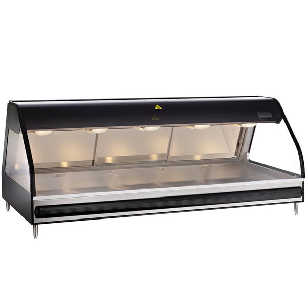 A black Alto-Shaam countertop heated display case with three shelves.