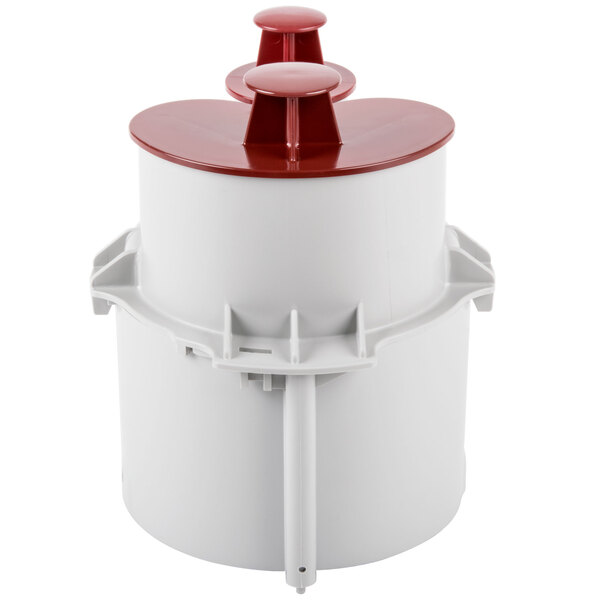 A white container with a red lid.