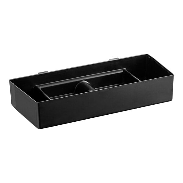 A black rectangular plastic drip tray with a handle.