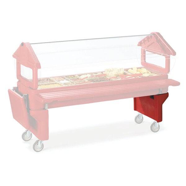 A Carlisle red food bar leg on a counter with a "Six Star" food display case.