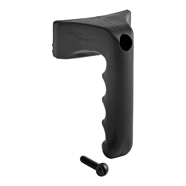 A black plastic Bunn funnel handle with a screw.