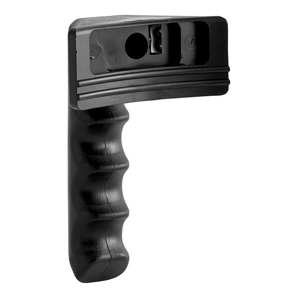 A close-up of a black plastic handle for a Bunn coffee brewer.