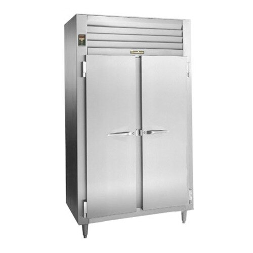 A stainless steel Traulsen reach-in freezer with two doors.