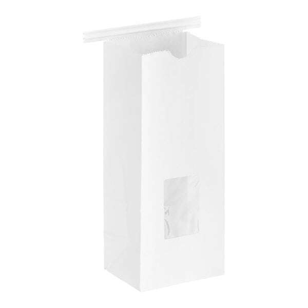 A white customizable tin tie bag with a clear window.