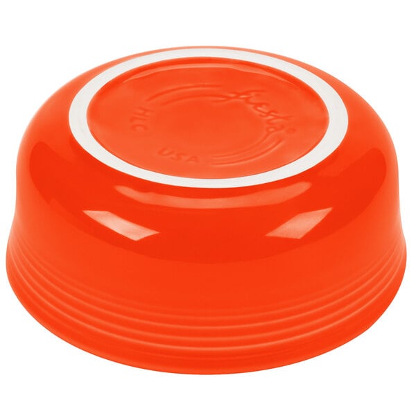 A Fiesta poppy chowder bowl with a white rim.