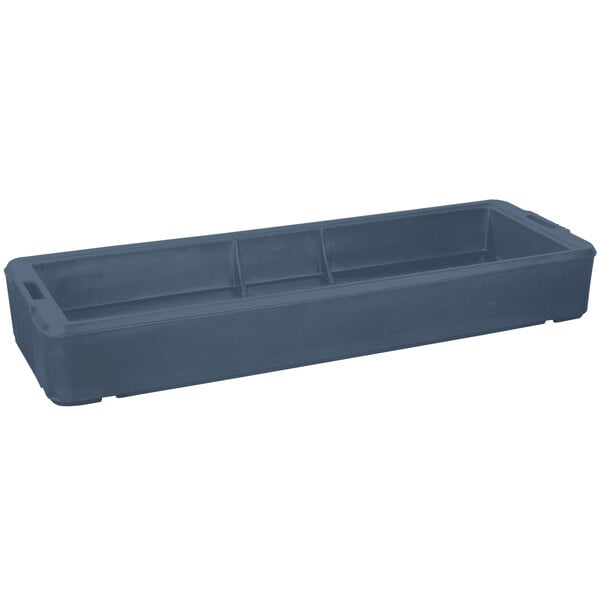 A rectangular slate blue plastic basin with a handle.