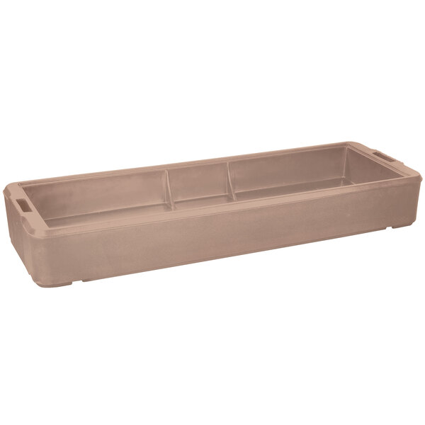 A beige rectangular plastic basin with handles for a Carlisle portable salad bar.