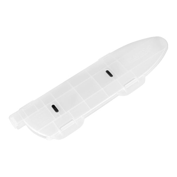 A translucent white plastic blade cover with a rectangular shape and rounded ends, featuring two small black slots.