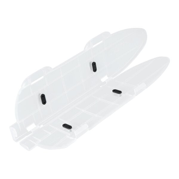 A translucent, hinged plastic cover with black clips, designed to protect a blade.