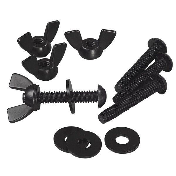 A group of black screws and nuts.