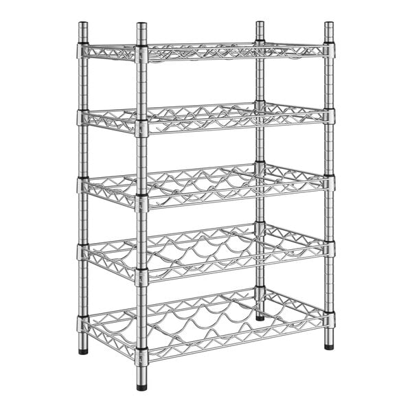 A Regency metal wire wine rack with five shelves holding wine bottles.