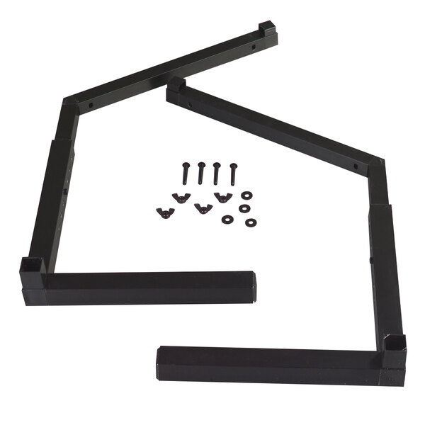 A pair of black metal brackets with screws.