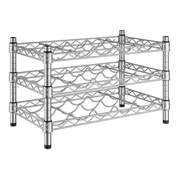 A Regency metal wire wine rack with three shelves holding wine bottles.