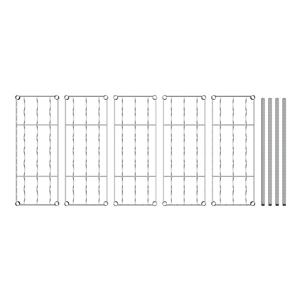 A white wire wine rack with metal shelves and posts.