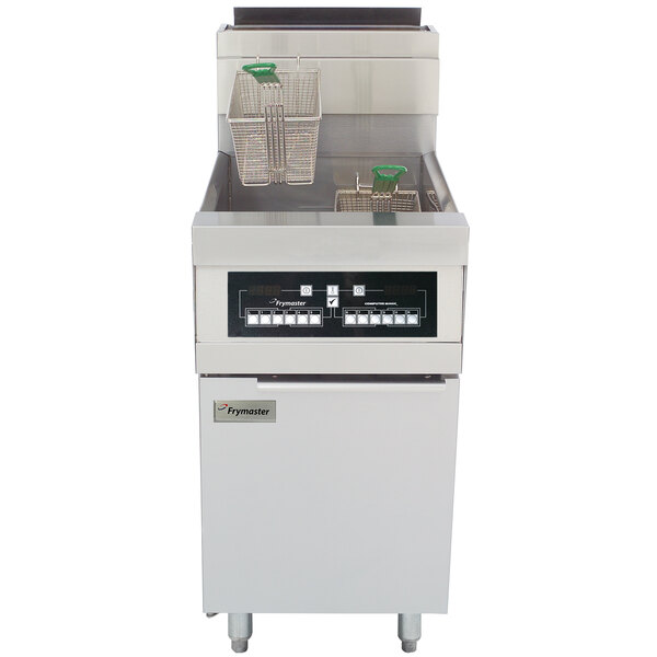 A Frymaster Decathlon liquid propane floor fryer with CM3.5 controls.