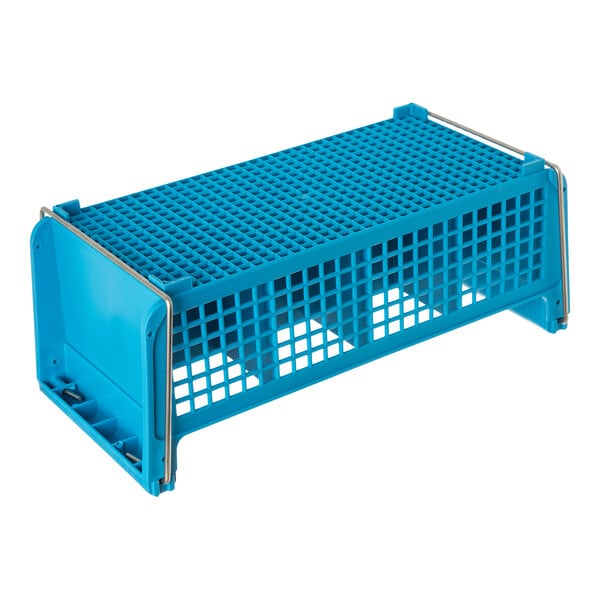 A blue plastic half-size flatware rack with 8 compartments and metal handles.