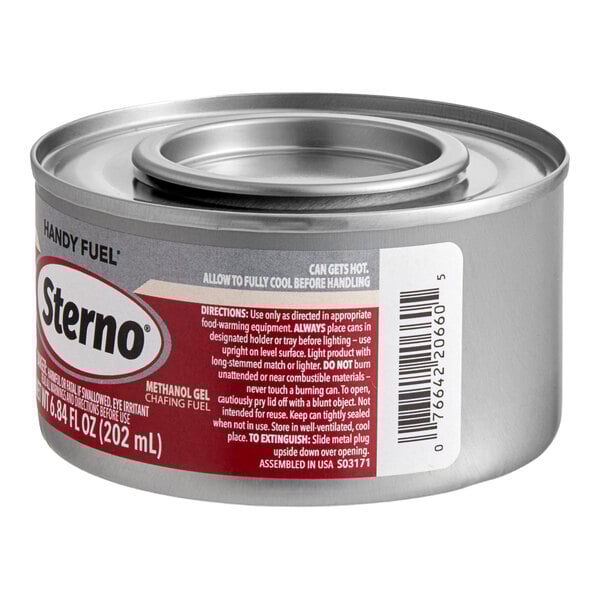 A can of Sterno 2-hour handy fuel methanol gel chafing fuel.