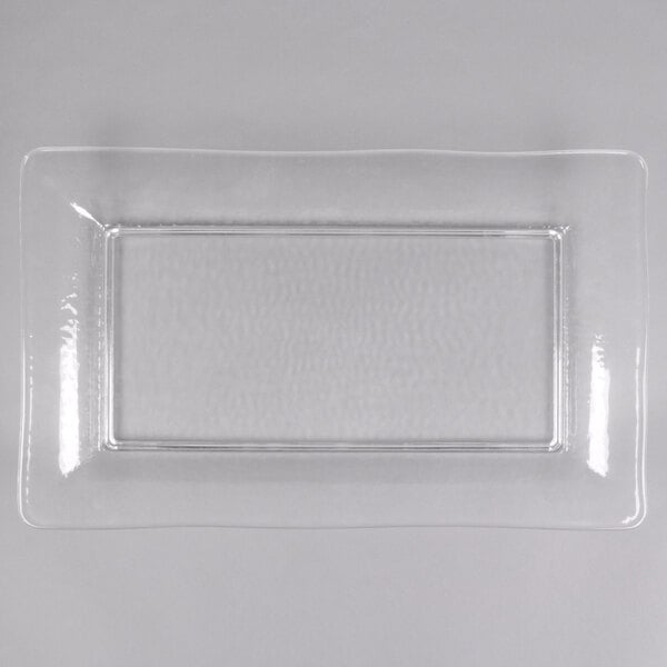 A clear rectangular styrene platter with a rectangle shape.
