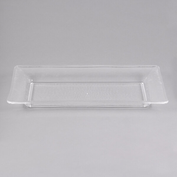 An American Metalcraft clear rectangular styrene platter with a handle.