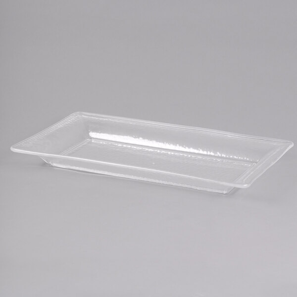 An American Metalcraft clear rectangular styrene platter with handles.